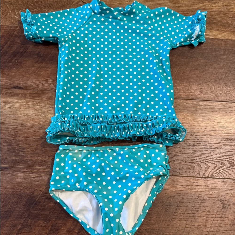 Ruffle Butts Teal Polka Dot Kids Swim Rashguard Set
